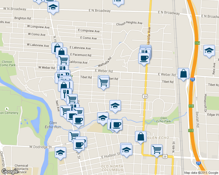 map of restaurants, bars, coffee shops, grocery stores, and more near 233 E Tulane Rd in Columbus