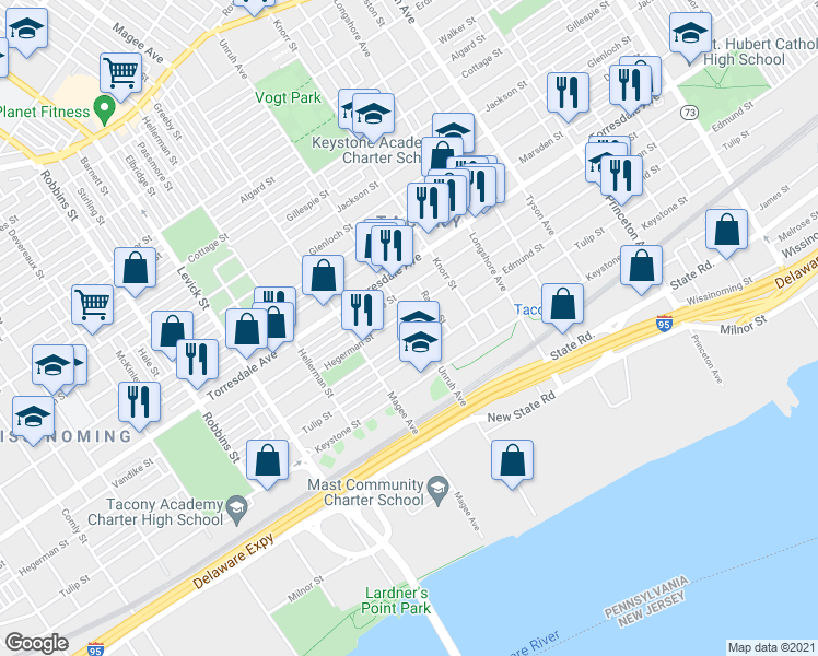 map of restaurants, bars, coffee shops, grocery stores, and more near 4820 Unruh Avenue in Philadelphia