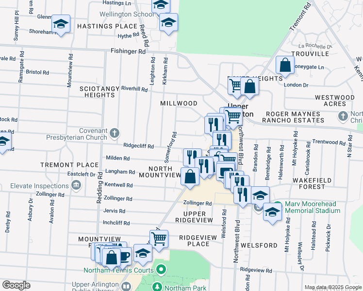 map of restaurants, bars, coffee shops, grocery stores, and more near 1842 Ridgecliff Road in Upper Arlington