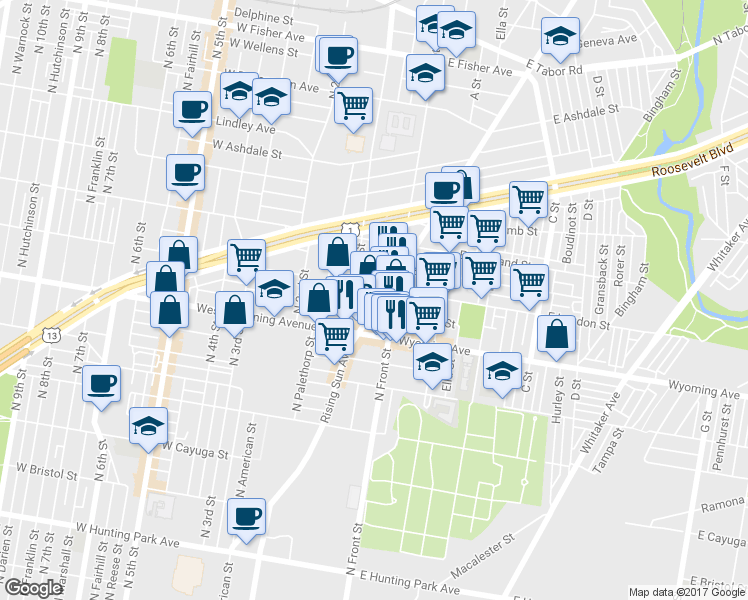 map of restaurants, bars, coffee shops, grocery stores, and more near 4750 Rising Sun Avenue in Philadelphia