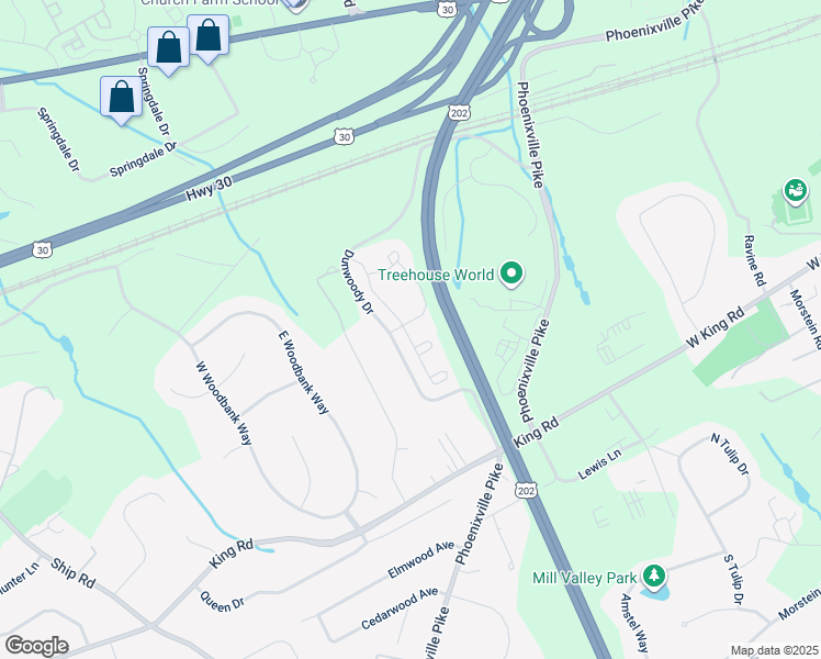 map of restaurants, bars, coffee shops, grocery stores, and more near 1100 Vernon Way in West Chester
