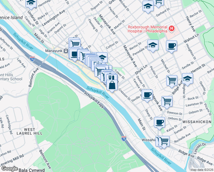 map of restaurants, bars, coffee shops, grocery stores, and more near Main Street in Philadelphia