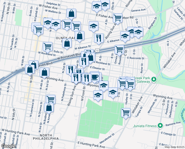 map of restaurants, bars, coffee shops, grocery stores, and more near 130 East Loudon Street in Philadelphia