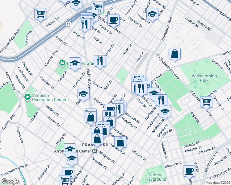 map of restaurants, bars, coffee shops, grocery stores, and more near 5120 Penn Street in Philadelphia