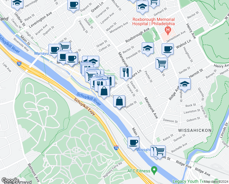 map of restaurants, bars, coffee shops, grocery stores, and more near 125 Shurs Lane in Philadelphia