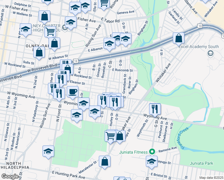 map of restaurants, bars, coffee shops, grocery stores, and more near 426 East Eleanor Street in Philadelphia