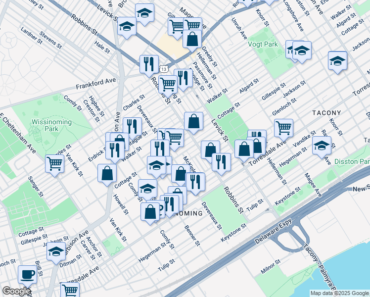 map of restaurants, bars, coffee shops, grocery stores, and more near 6240 Gillespie Street in Philadelphia