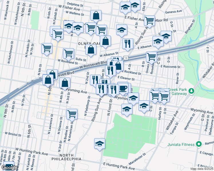 map of restaurants, bars, coffee shops, grocery stores, and more near 4750 Rising Sun Avenue in Philadelphia