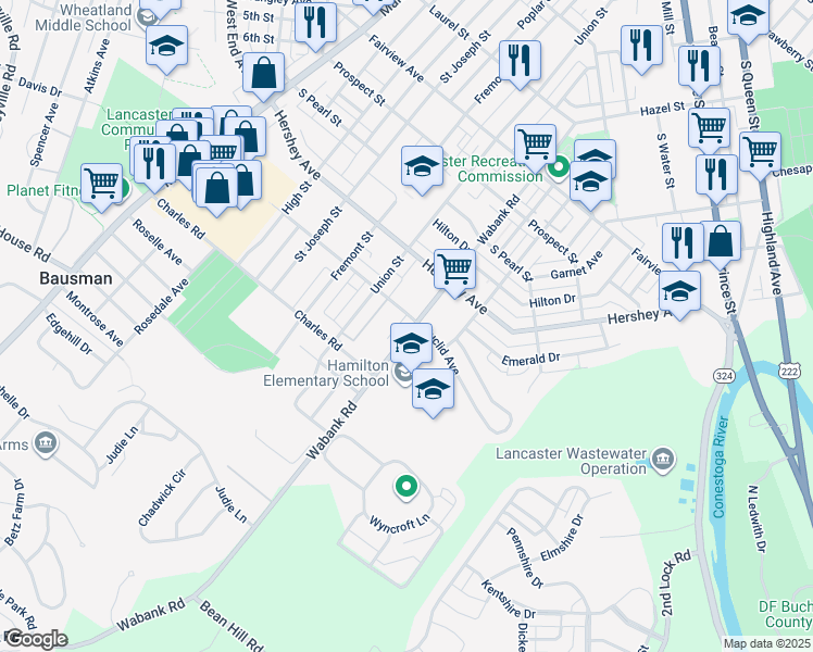 map of restaurants, bars, coffee shops, grocery stores, and more near 1209 Wabank Road in Lancaster