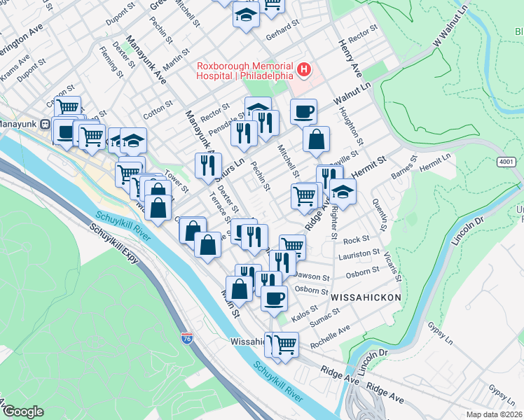 map of restaurants, bars, coffee shops, grocery stores, and more near 3901 Manayunk Avenue in Philadelphia