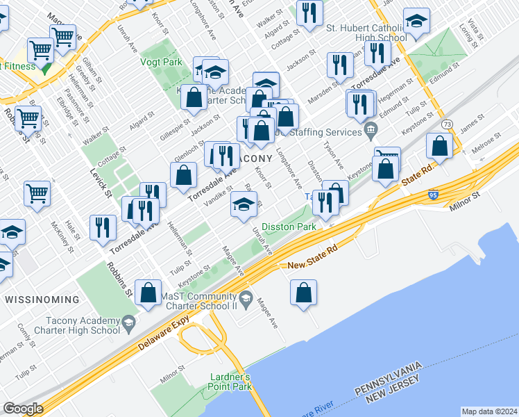 map of restaurants, bars, coffee shops, grocery stores, and more near 4834 Rawle Street in Philadelphia