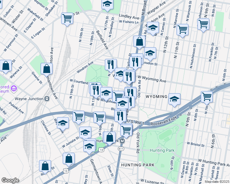 map of restaurants, bars, coffee shops, grocery stores, and more near 4547 North Hicks Street in Philadelphia