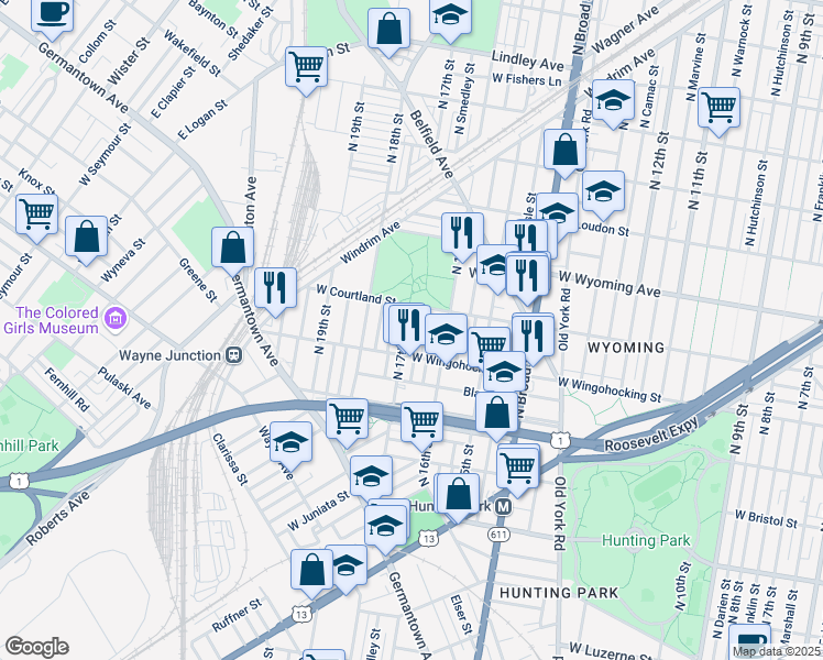 map of restaurants, bars, coffee shops, grocery stores, and more near 4533 North 17th Street in Philadelphia