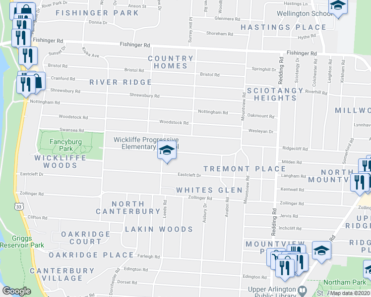 map of restaurants, bars, coffee shops, grocery stores, and more near 2378 Wickliffe Road in Columbus