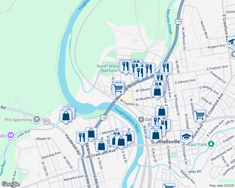 map of restaurants, bars, coffee shops, grocery stores, and more near 204 Memorial Boulevard in Connellsville