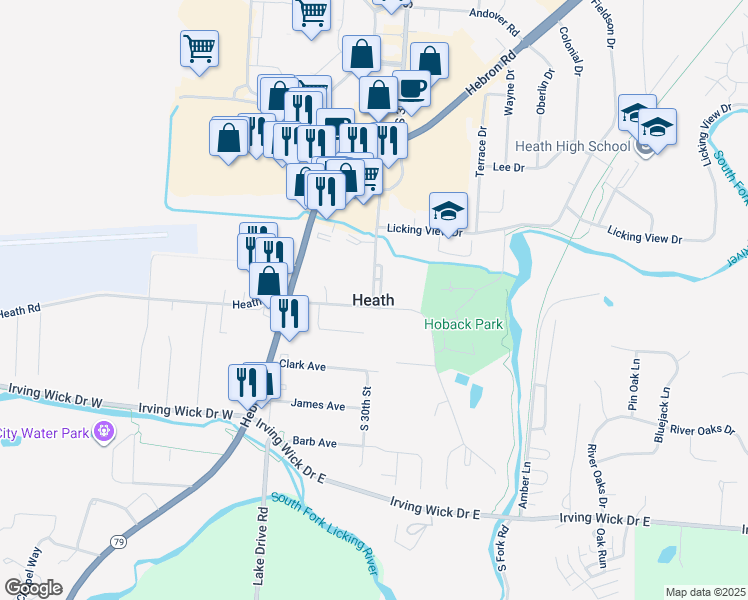 map of restaurants, bars, coffee shops, grocery stores, and more near in Heath