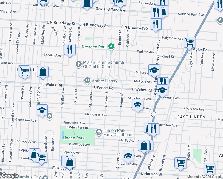 map of restaurants, bars, coffee shops, grocery stores, and more near 1517 East Weber Road in Columbus
