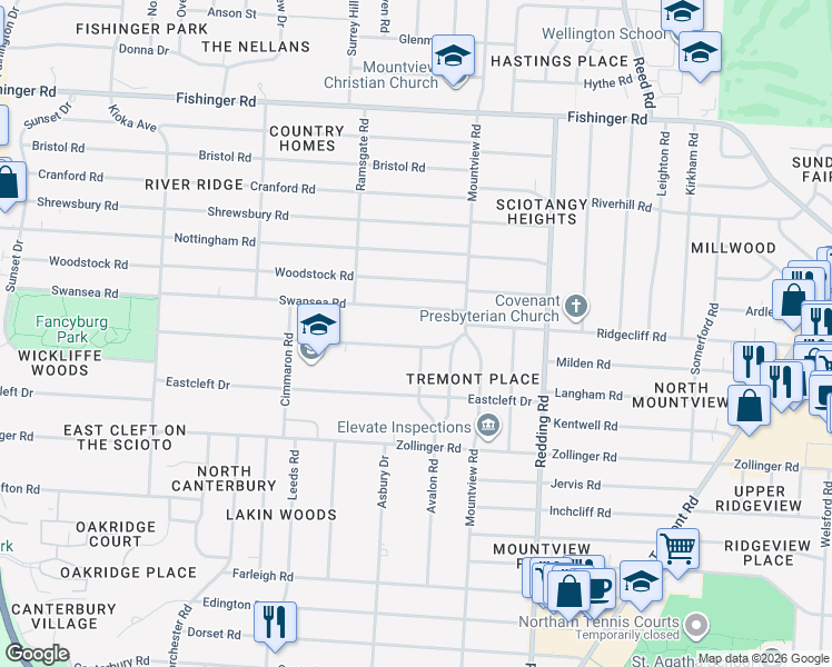 map of restaurants, bars, coffee shops, grocery stores, and more near 2278 Wickliffe Road in Columbus