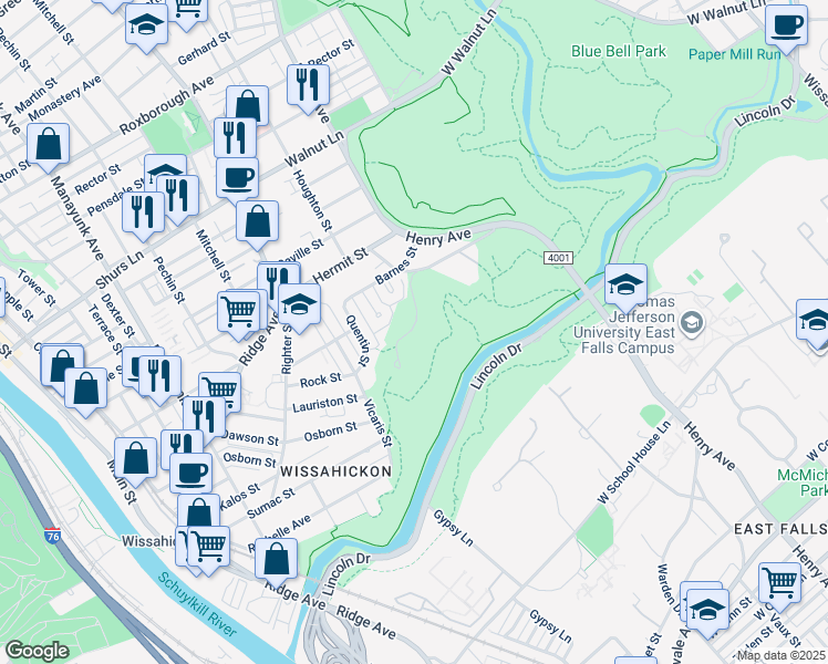 map of restaurants, bars, coffee shops, grocery stores, and more near 5474 Quentin Street in Philadelphia