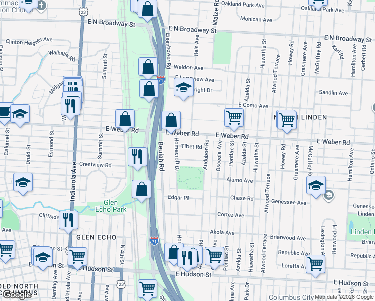 map of restaurants, bars, coffee shops, grocery stores, and more near 759 Tibet Road in Columbus