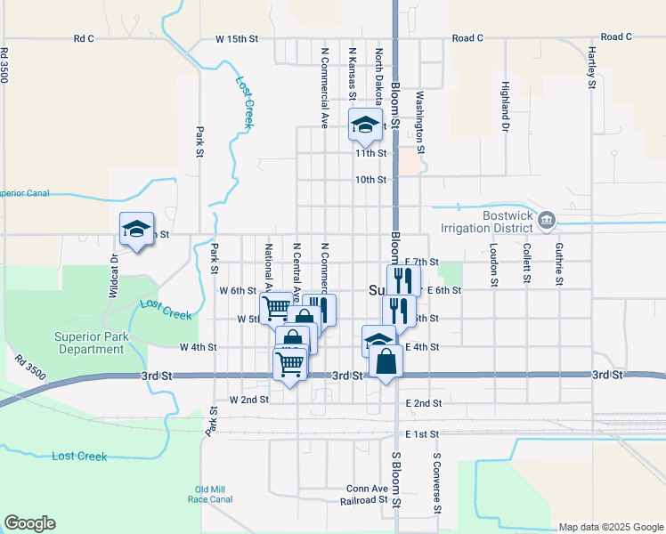 map of restaurants, bars, coffee shops, grocery stores, and more near 654 North Commercial Avenue in Superior