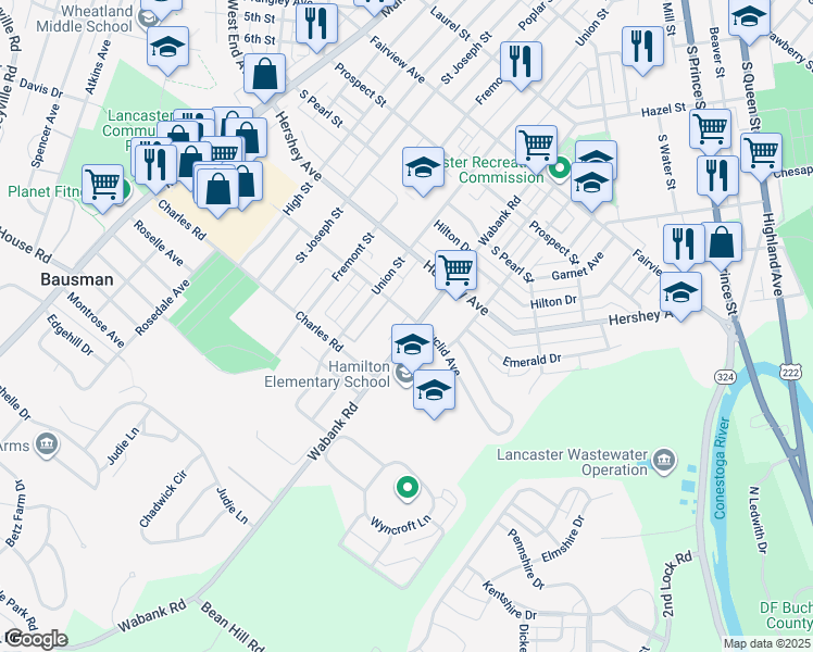 map of restaurants, bars, coffee shops, grocery stores, and more near 1209 Wabank Road in Lancaster