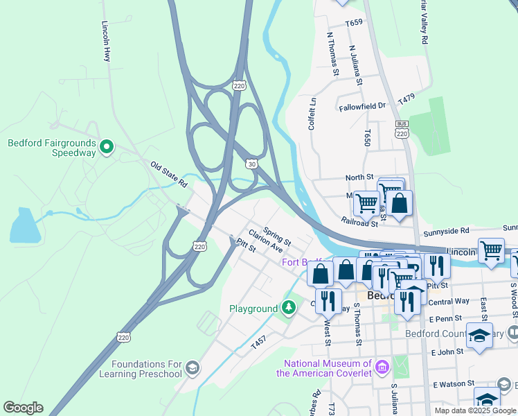 map of restaurants, bars, coffee shops, grocery stores, and more near Knoll Street in Bedford