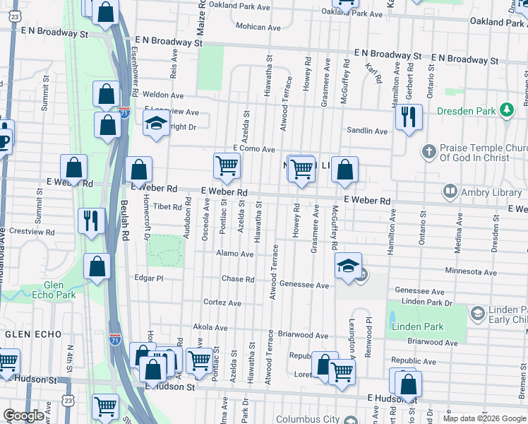 map of restaurants, bars, coffee shops, grocery stores, and more near 2828 Hiawatha Street in Columbus