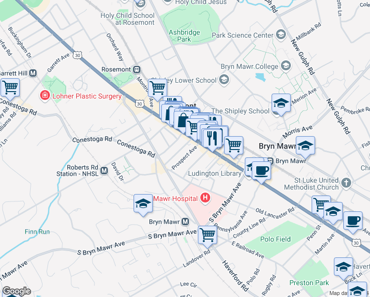 map of restaurants, bars, coffee shops, grocery stores, and more near 25 South Warner Avenue in Bryn Mawr