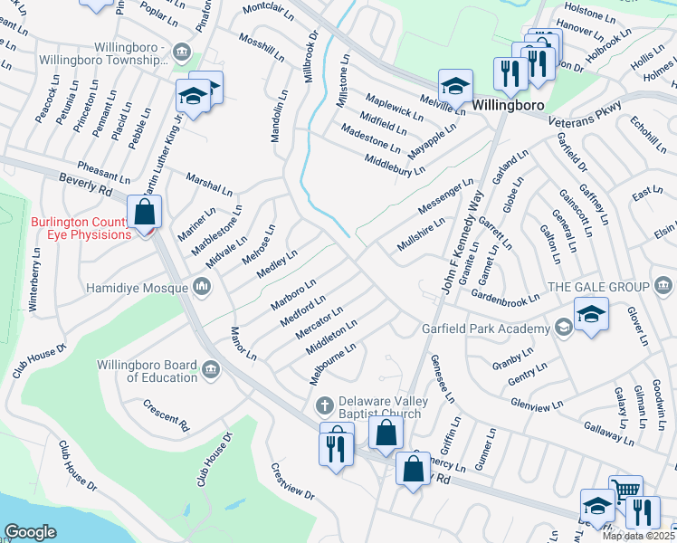 map of restaurants, bars, coffee shops, grocery stores, and more near 76 Marboro Lane in Willingboro