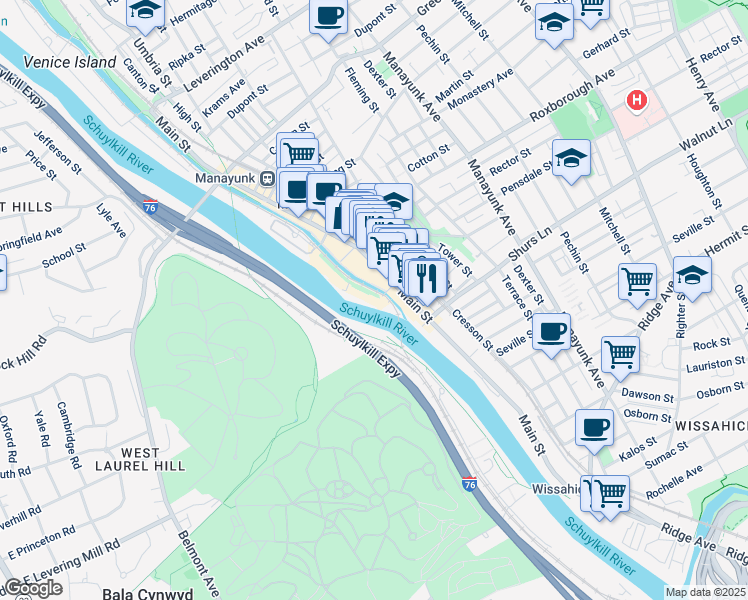 map of restaurants, bars, coffee shops, grocery stores, and more near 9 Lock Street in Philadelphia