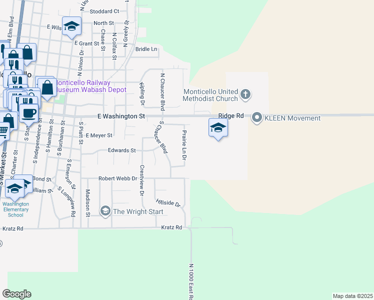 map of restaurants, bars, coffee shops, grocery stores, and more near 507 Prairie Lane Drive in Monticello