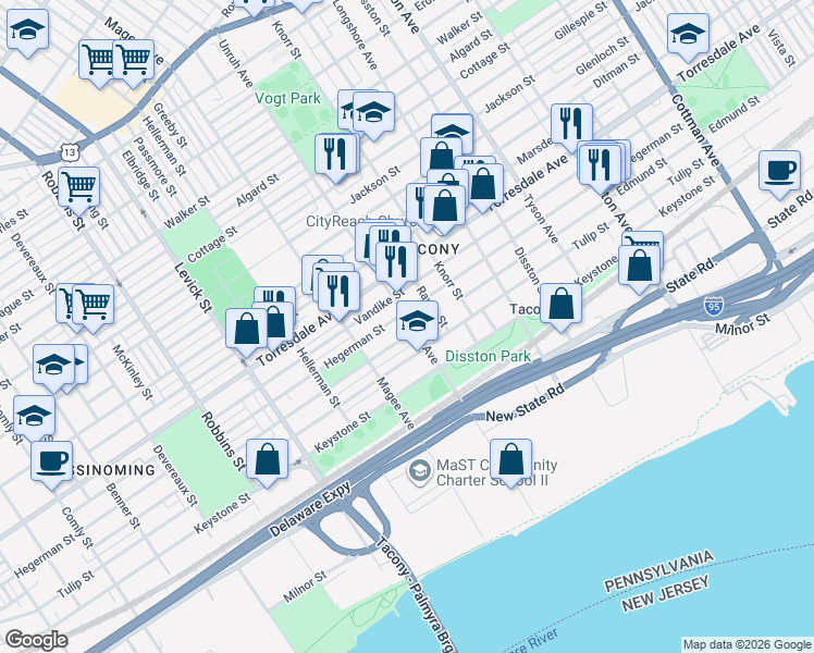 map of restaurants, bars, coffee shops, grocery stores, and more near 4811 Unruh Avenue in Philadelphia