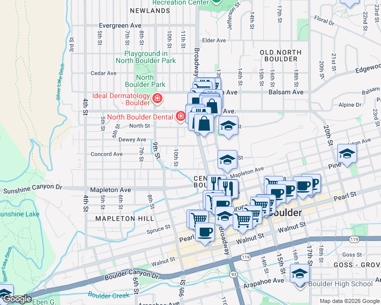 map of restaurants, bars, coffee shops, grocery stores, and more near 1140 Portland Place in Boulder