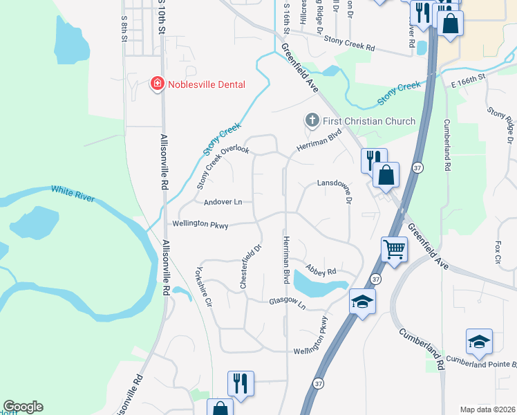 map of restaurants, bars, coffee shops, grocery stores, and more near 306 Welham Court in Noblesville