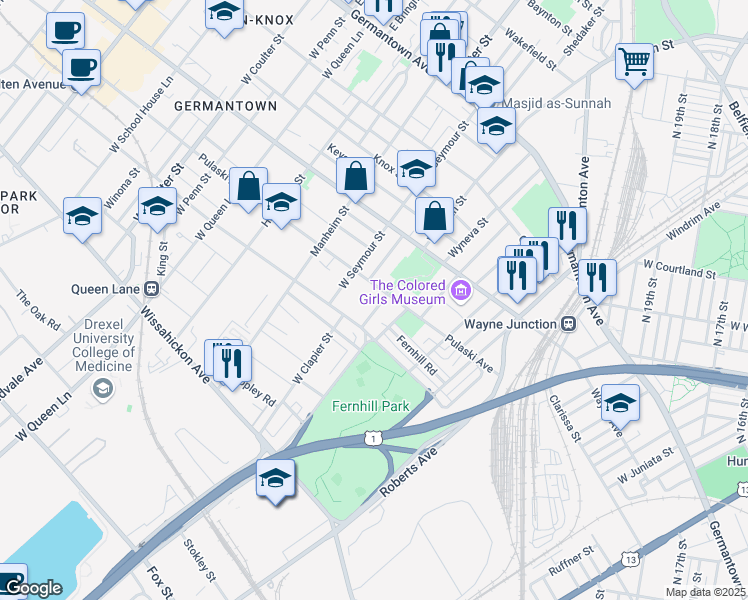 map of restaurants, bars, coffee shops, grocery stores, and more near 313 West Logan Street in Philadelphia
