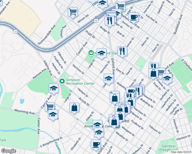 map of restaurants, bars, coffee shops, grocery stores, and more near 1140 Allengrove Street in Philadelphia