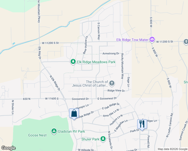 map of restaurants, bars, coffee shops, grocery stores, and more near 18 Meadow Lark Lane in Elk Ridge
