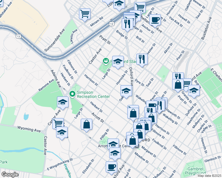 map of restaurants, bars, coffee shops, grocery stores, and more near 1140 Allengrove Street in Philadelphia