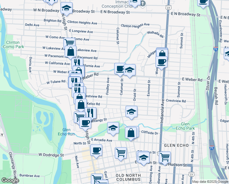 map of restaurants, bars, coffee shops, grocery stores, and more near 177 East Tulane Road in Columbus