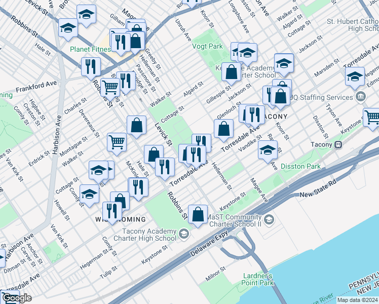 map of restaurants, bars, coffee shops, grocery stores, and more near 6433 Ditman Street in Philadelphia