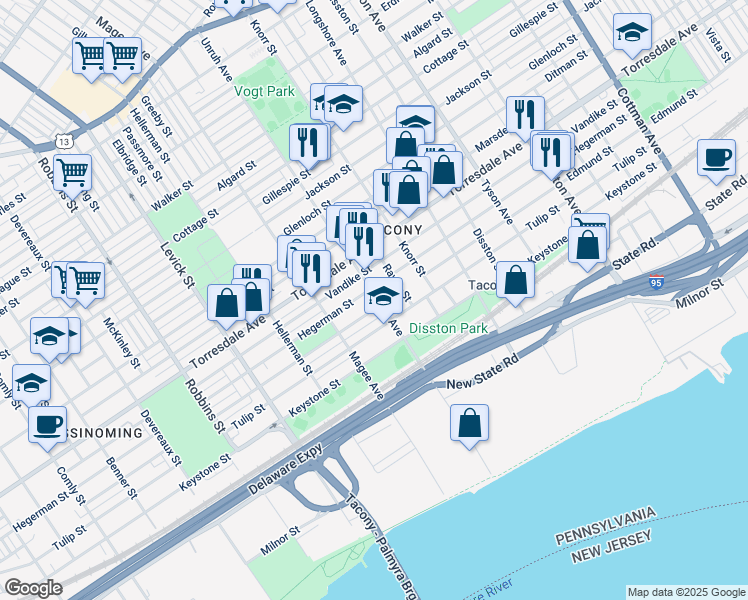 map of restaurants, bars, coffee shops, grocery stores, and more near 4818 Unruh Avenue in Philadelphia