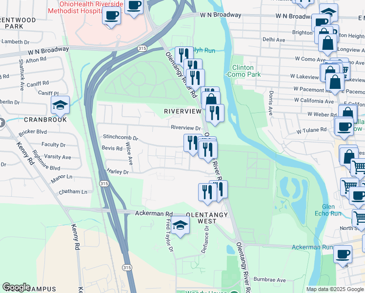 map of restaurants, bars, coffee shops, grocery stores, and more near 536 Stinchcomb Dr in Columbus