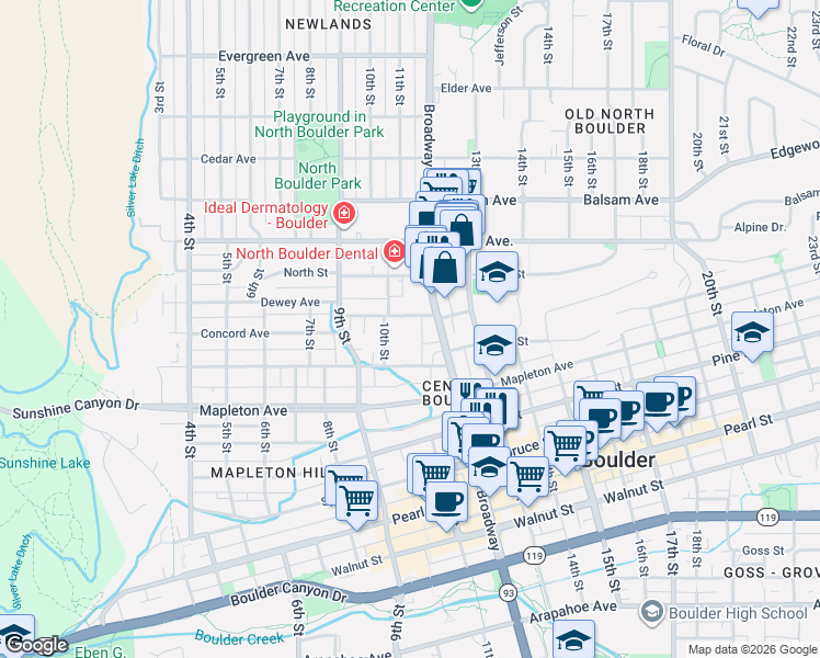 map of restaurants, bars, coffee shops, grocery stores, and more near 1122 Portland Place in Boulder
