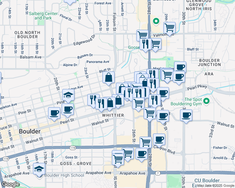 map of restaurants, bars, coffee shops, grocery stores, and more near 2507 Spruce Street in Boulder