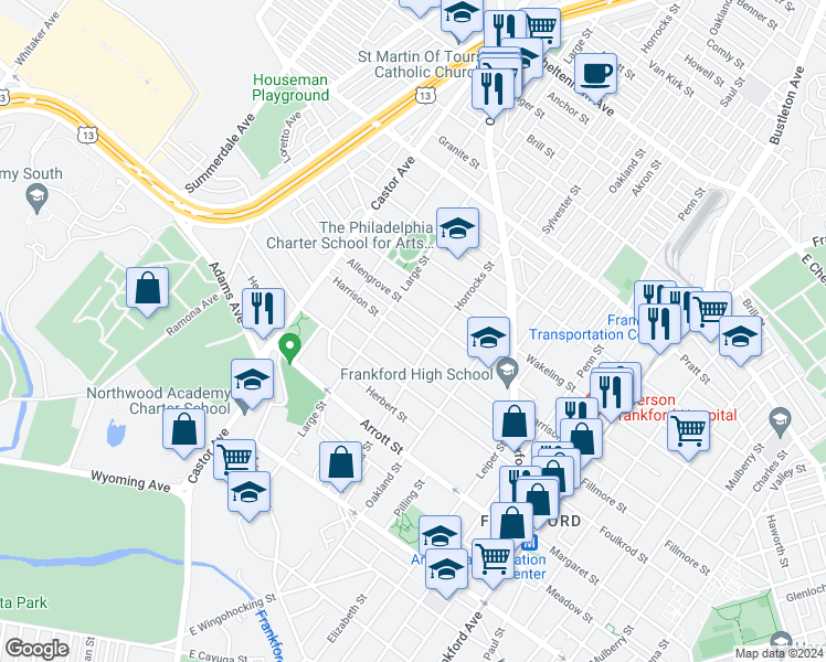 map of restaurants, bars, coffee shops, grocery stores, and more near 1129 Harrison Street in Philadelphia