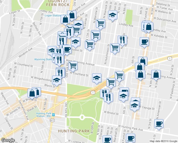 map of restaurants, bars, coffee shops, grocery stores, and more near 4622 North 11th Street in Philadelphia