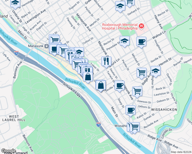 map of restaurants, bars, coffee shops, grocery stores, and more near 117 Shurs Lane in Philadelphia