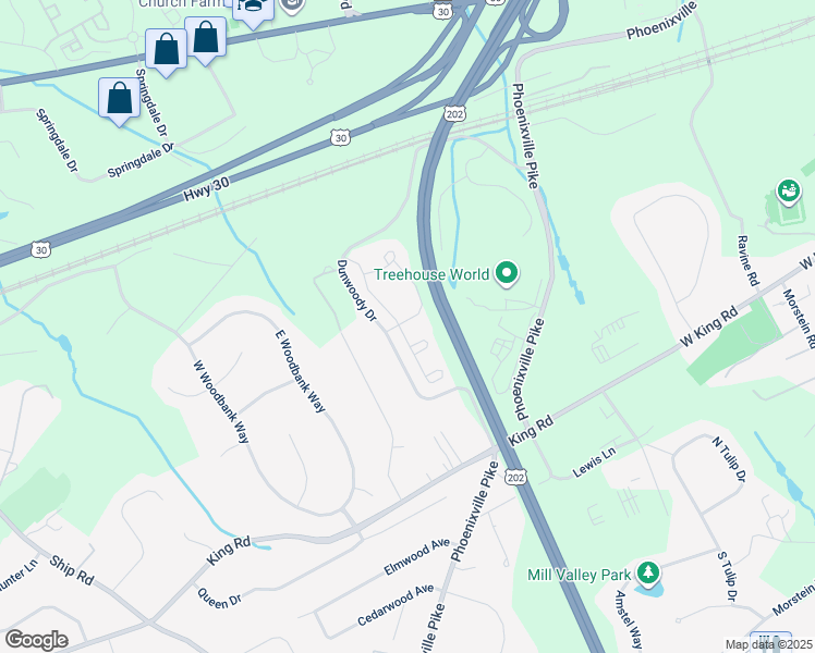 map of restaurants, bars, coffee shops, grocery stores, and more near 1100 Vernon Way in West Chester