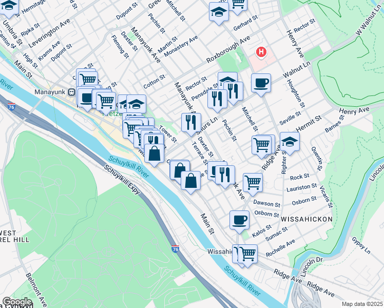 map of restaurants, bars, coffee shops, grocery stores, and more near 4033 Boone Street in Philadelphia